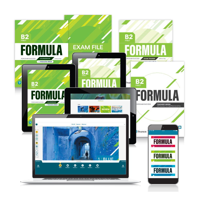 Formula series components; teacher book, coursebook, app, online study materials. 