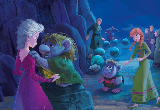 Sceen from Frozen where Elsa and Anna meet the gnome family of Christoff. 